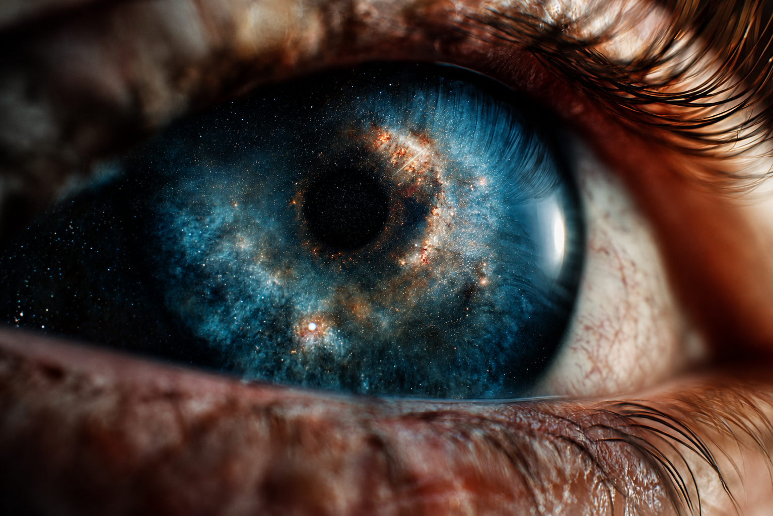 Ojo humano reflejando un universo estrellado